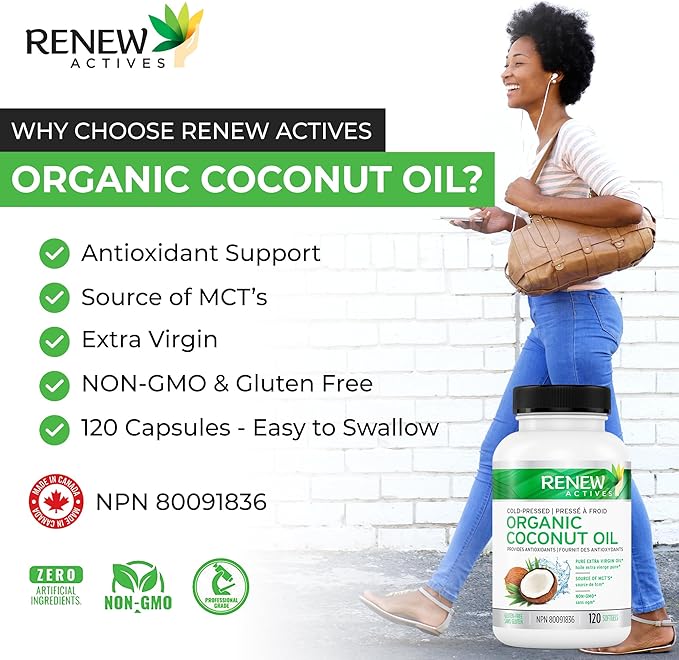 Renew Actives Coconut Oil Supplement 2000MG per 2 Softgels - Premium Source of Antioxidants, Natural Fatty Acids & Metabolism Support for Optimal Health & Energy - Made in Canada - 120 Softgels