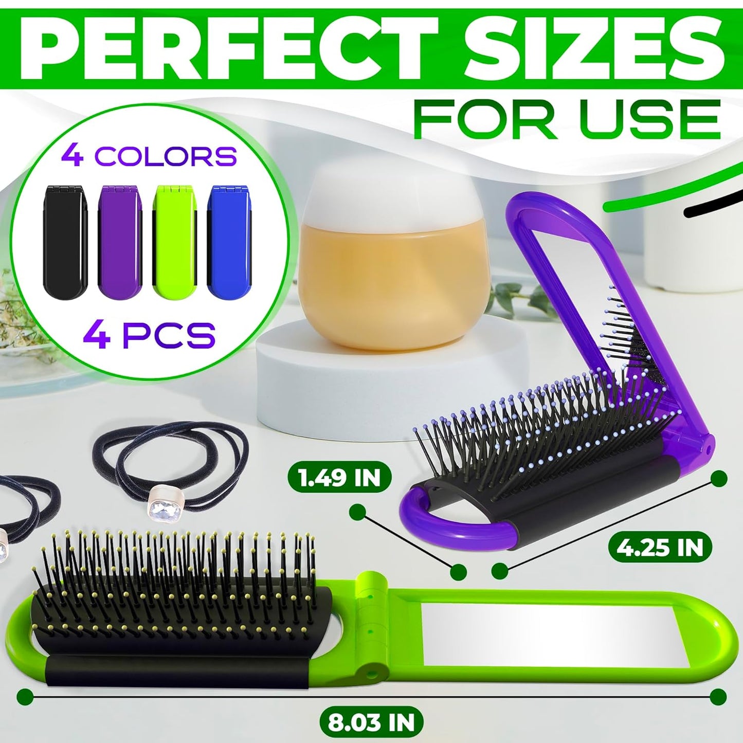 4 Pcs Travel Hair Brush - 4.25x1.49" Folding Hair Brush with Mirror and Flexible Nylon Bristles, Lightweight Travel Comb for Women - 4 Colors Pack, Foldable Hairbrush for Styling on the Go