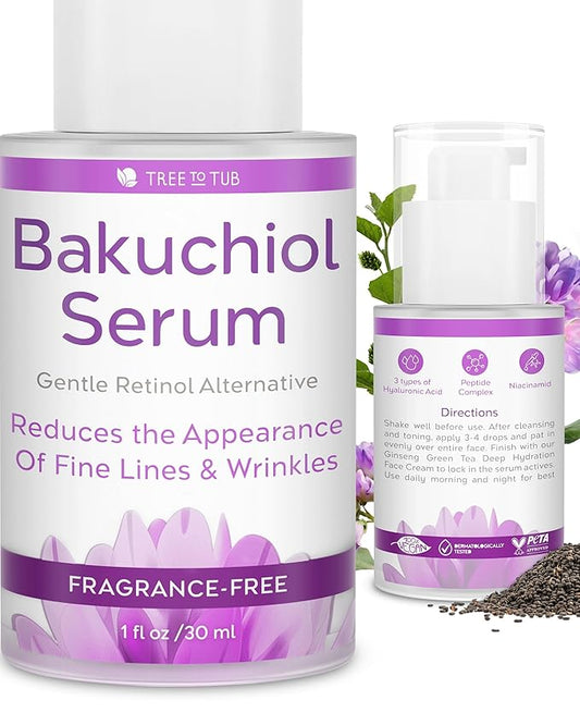 Tree To Tub Bakuchiol Face Serum - Gentle Hydrating Retinol Serum for Face with Hyaluronic Acid & Peptides for All Skin Types