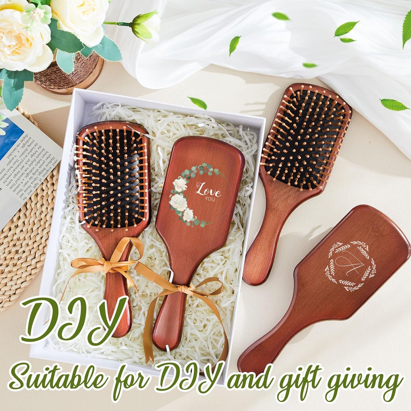 Tessco for you 12 Pcs Christmas Bamboo Hair Brushes Thanksgiving Bulk Wooden Paddle Brush Scalp Massage Bristle Anti Static Engraving DIY Gift for Women Wedding(9.65'' X 3.35'',Deep Brown-black)