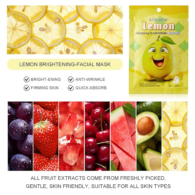 Fruit Face Mask, Facial Mask for Kids, Hydrating Face Masks Skincare Set, Sheet Masks Skin Care, Face Mask Set for Women Men Nourishing Skin, Birthday Party Spa Gift for Kids Teens Girls 7-Pack