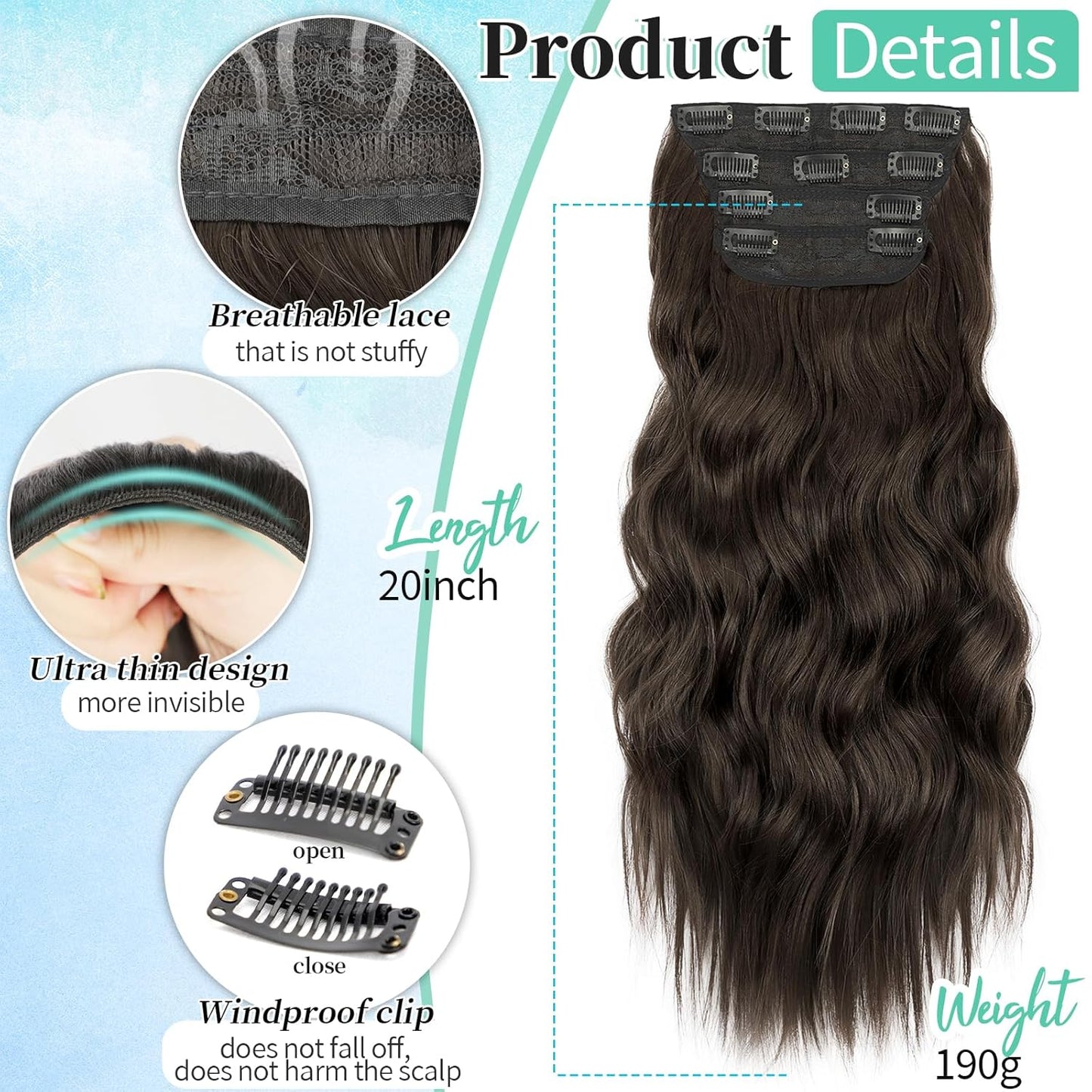 KooKaStyle Clip in Synthetic Hair Extensions Long Wavy 4PCS Thick Hairpieces Dark Chocolate Brown Fiber Double Weft Natural Hair Extensions 20 Inch for Women