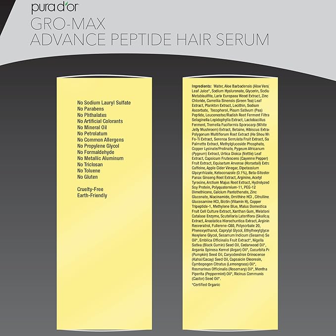 PURA D'OR 3.38 Oz Gro-Max Advanced Peptide Hair Serum (NEW FORMULA) Plant Stem Cell, Catalase, Copper Tri-Peptide, C60, Biotin, Melatonin, Trichogen, Caffeine, Rosemary - Stronger, Thicker Hair