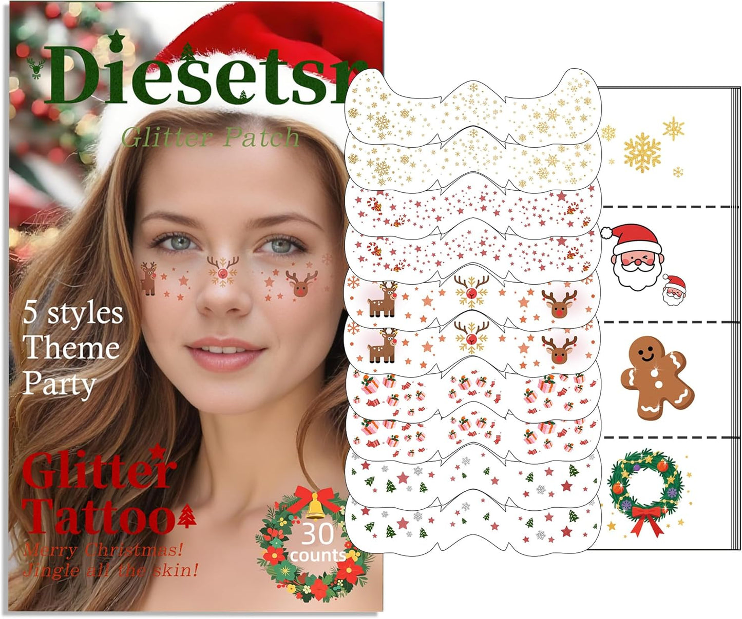 Christmas Glitter Face Tattoo,Diesetsr Body Glitter Temporary Tattoos Patches, Festival Rave Outfits for Women, Sparkle Patches for Kids, Party Christmas Festival Decorations,30 PCS