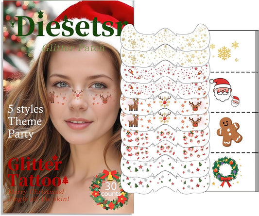 Christmas Glitter Face Tattoo,Diesetsr Body Glitter Temporary Tattoos Patches, Festival Rave Outfits for Women, Sparkle Patches for Kids, Party Christmas Festival Decorations,30 PCS