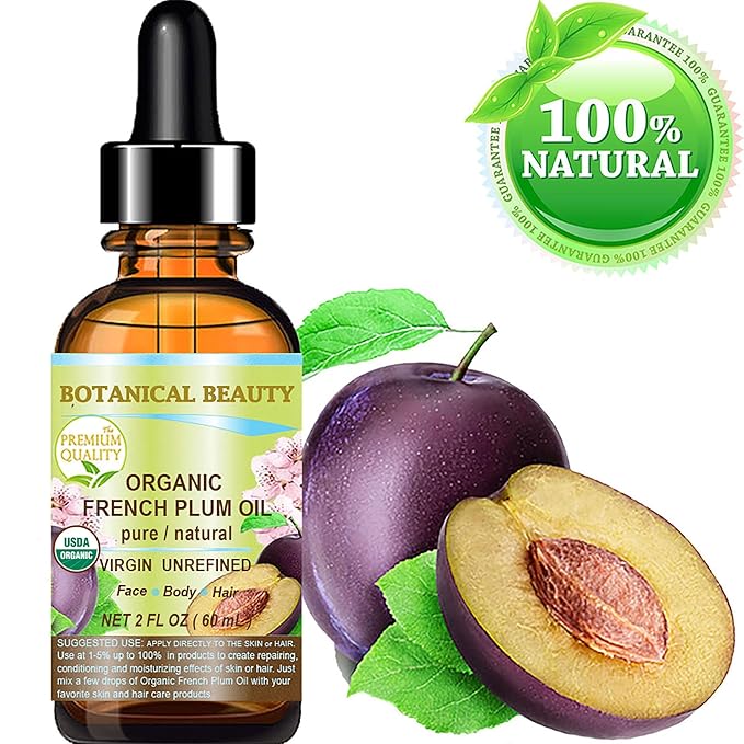 Botanical Beauty Organic French PLUM OIL 100% Pure Natural VIRGIN UNREFINED Cold-Pressed Carrier Oil 2 Fl oz 60 ml for Face, Skin, Body, Hair, Lip, Nails. Rich in Vitamin E, Omega 6, Omega 9