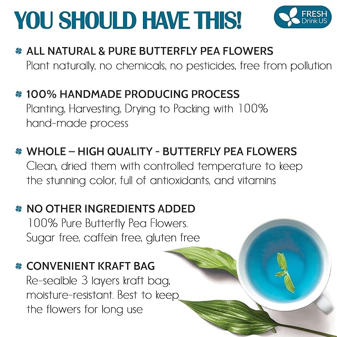 FreshDrinkUS, Premium 1010+ Butterfly Pea Flowers, 100% Natural & Pure from Whole Blue Butterfly Pea Flowers, Wildcrafted, Dried Blue Butterfly Pea Flowers Herbal Tea, No Gluten, Vegan