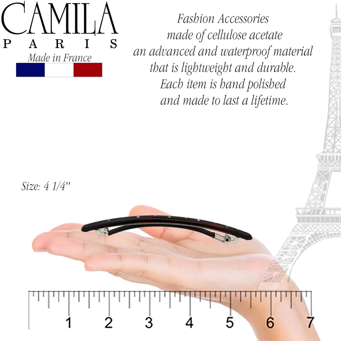 Camila Paris CP2849 French Hair Barrette Large Tortoise Shell, Long Skinny Strong Hold Grip Hair Clips for Women, Thin Rubberized Automatic Clasp No Slip Styling Girls Hair Accessories, Made in France