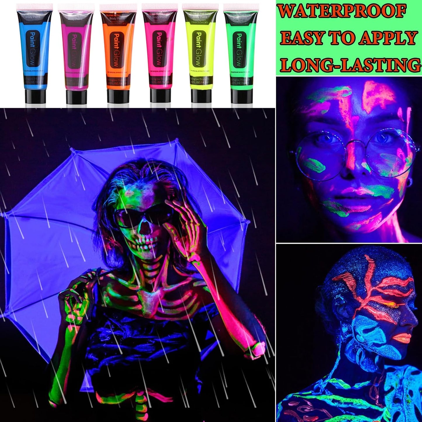 12 Pcs Glow in the Dark Face Body Paint,Blacklight Neon Face & Body Paints,Easily Cleanable Paint Set Neon Makeup Glow in the Dark Party Supplies