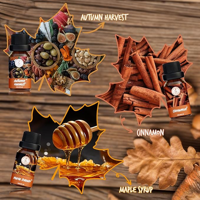Autumn Essential Oils Set, Fragrance Oil Gift Set for Oil Diffusers, Scented Oils for Soap Candle Making 6x10ml - Pumpkin Spice, Nutmeg, Apple Pie, Autumn Harvest, Cinnamon, and Maple Syrup