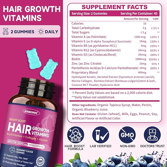Biotin Gummies for Hair Skin and Nails -Hair Vitamins with Biotin, Zinc, Vitamin A, B6, B12, D3 & More - Support Healthy Skin, Hair Growth, Stronger Nails for Women and Men - 90 Blueberry Gummies