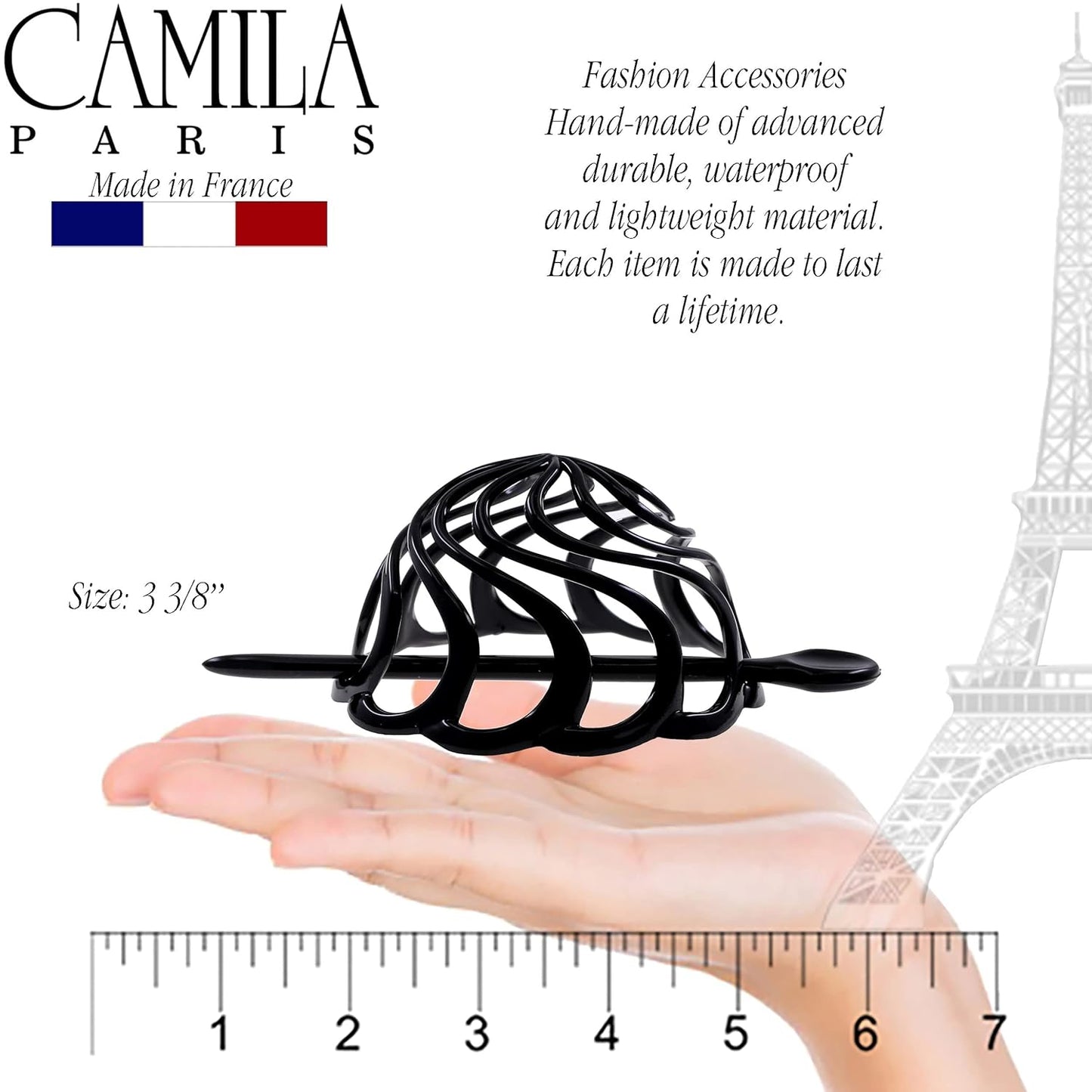 Camila Paris CP2867 French Hair Bun Clip Maker Cover Cap Holder, Black, Round Dome Bun Hair Clip for Women Hair Updo, Styling Hair Bun Accessories for Women, No Slip and Durable, Made in France