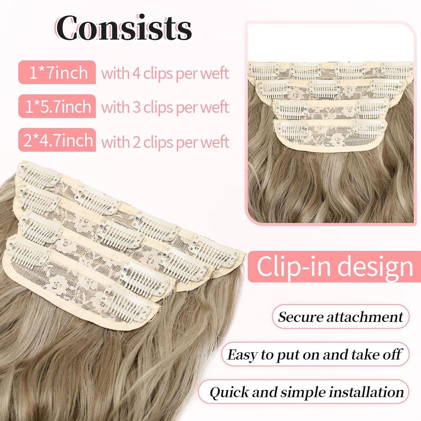 KooKaStyle Hair Extensions Ashy Taupe Blonde Clip in Synthetic Highlight Long Wavy 4PCS Thick Hairpieces for Daily Use 24 Inch for Women