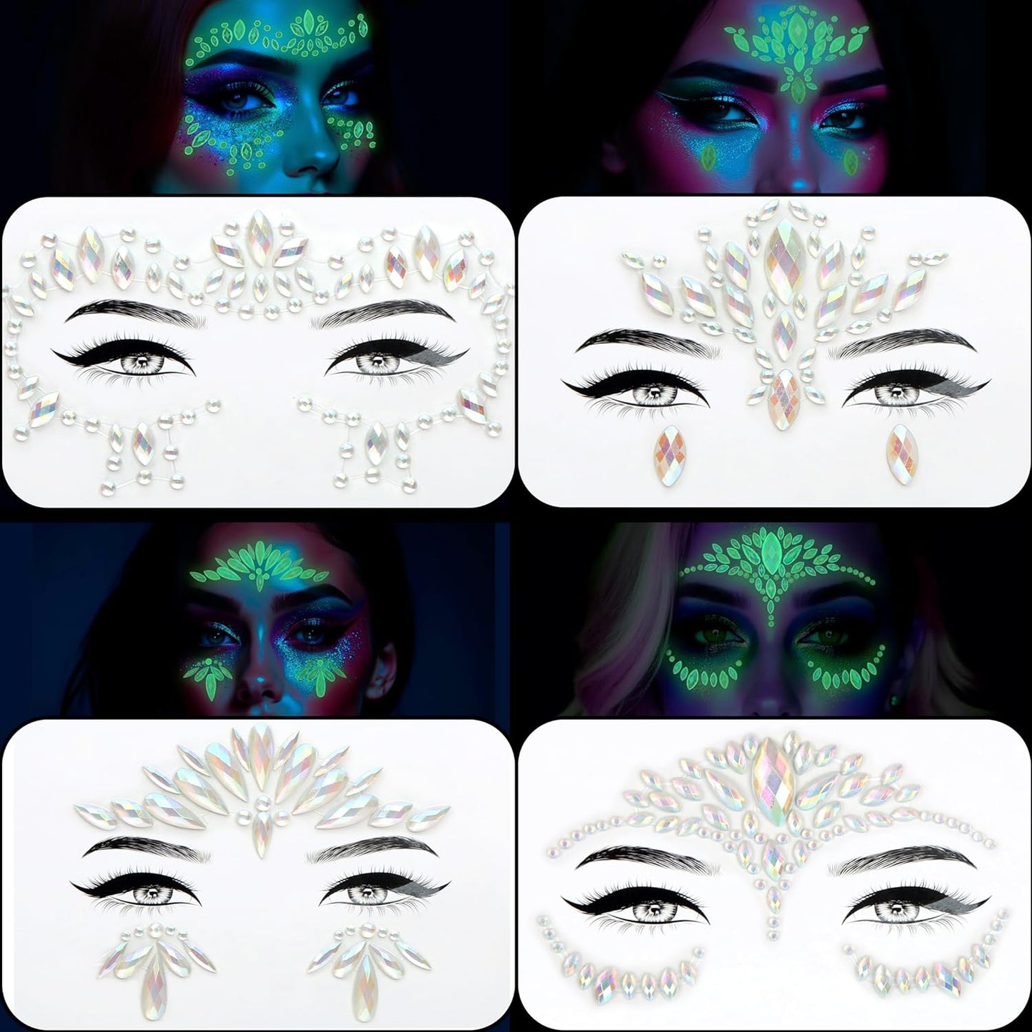 Face Gems Adhesive Glitter Jewel Tattoo Sticker Festival Gems Rave Party Body Make Up (GLOW IN THE DARK)