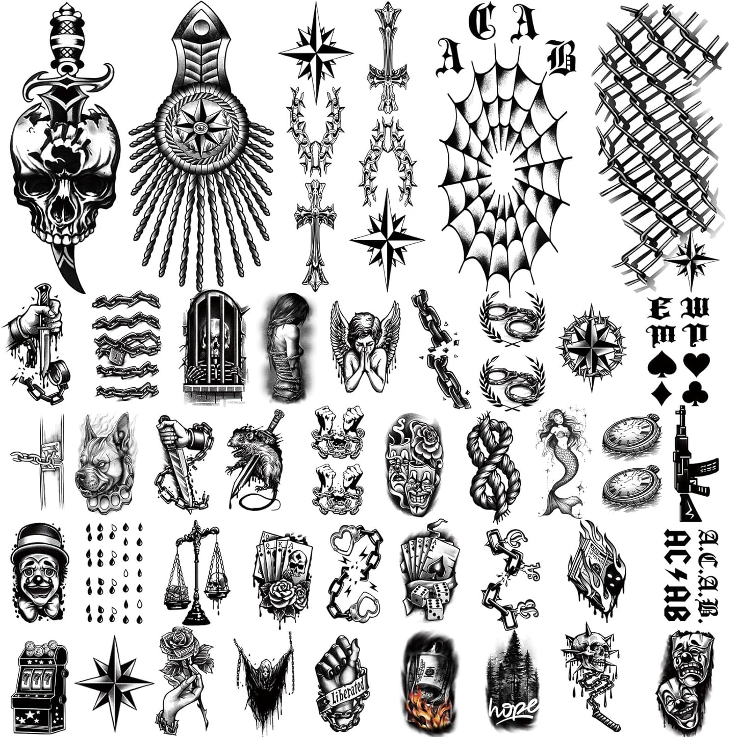 77 Sheets Temporary Tattoo For Men Women, Black Scary Skull Skeleton Knife Rose Temporary Tattoos For Adults Neck Arm Thigh, Small Mermaid Angle Clown Fake Tattoo Sticker For Boys Girls Tatoos
