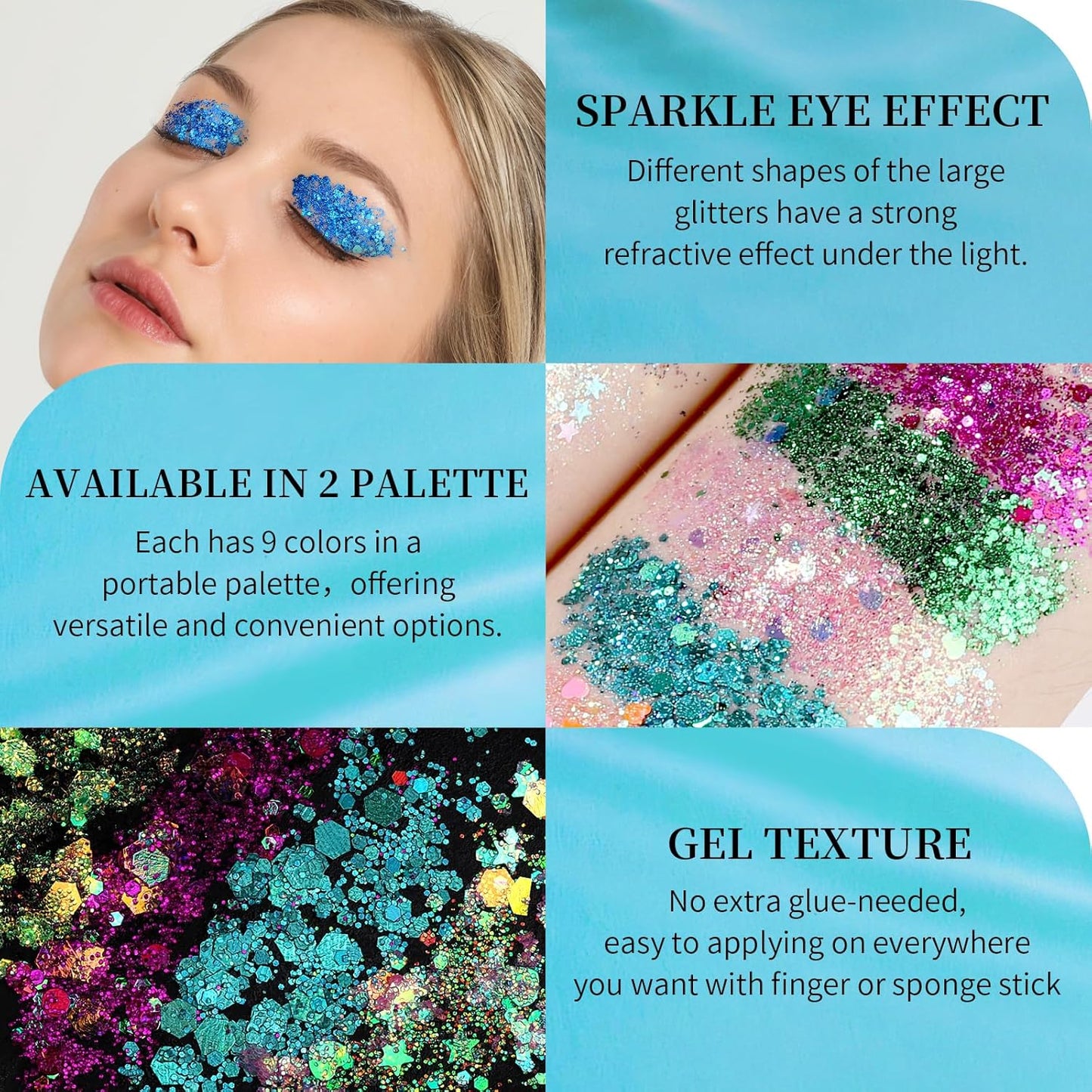 FANDAMEI 18-Color Face Glitter, Body Glitter Hair Glitter for Glitter Makeup, 2 PCS Glitter Gel 6 Color Themes, Chunky Glitter for Kids Women, Halloween Rave Concert Face Paint
