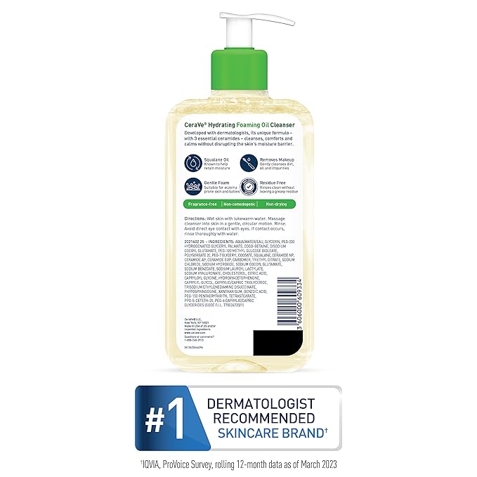 CeraVe Hydrating Foaming Oil Cleanser, Moisturizing Cleanser for Face & Body, Squalane Oil + Hyaluronic Acid + Ceramides, For Dry to Very Dry Skin, Fragrance Free & Residue Free, 8 FL Oz