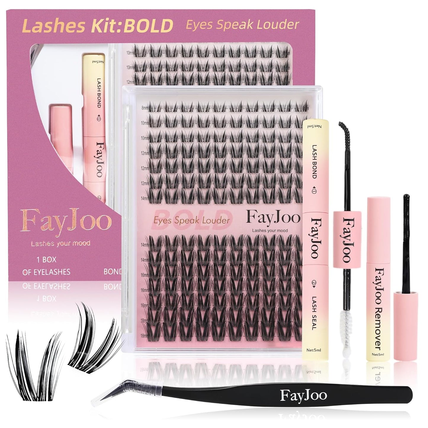 Dramatic Volume Lash Clusters Kit C Curl Thin Individual Lashes 8-18mm DIY Lash Extension Kit with Bond Seal Tweezers Waterproof, Reusable, Bold Glam for Events, FayJoo BOLDEE 11 Kit