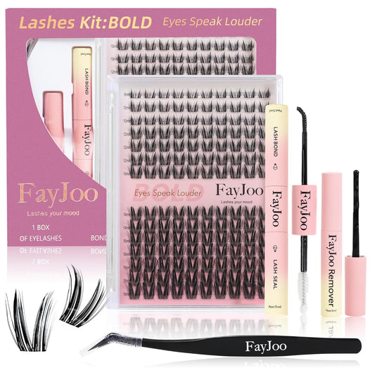 Dramatic Volume Lash Clusters Kit C Curl Thin Individual Lashes 8-18mm DIY Lash Extension Kit with Bond Seal Tweezers Waterproof, Reusable, Bold Glam for Events, FayJoo BOLDEE 11 Kit