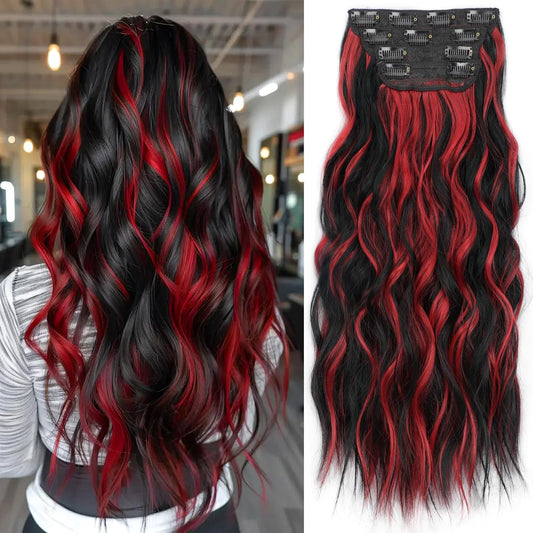 KooKaStyle Hair Extensions Black Mix Red Highlights 1B/113# Clip in Synthetic Highlight Hair Extensions Long Wavy 4PCS Thick Hairpieces 20 Inch for Women