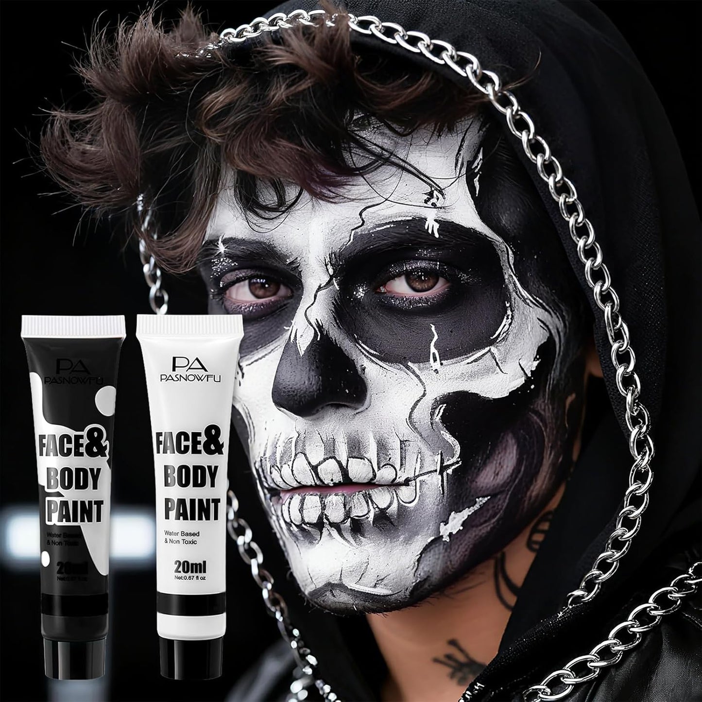 Black and White Face Paint - Professional Water-Based Non-Toxic Makeup Kit for Vampire Skeleton Clown, Highly Pigmented Body Paint for Halloween Costume Parties ，Stage Performances