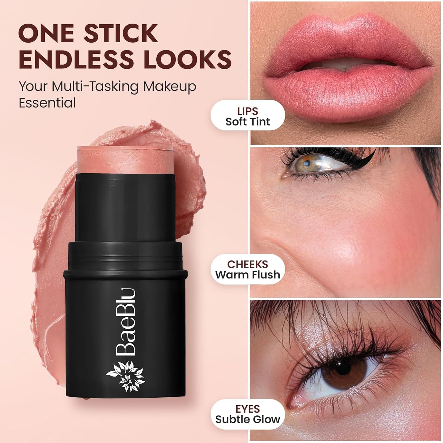 BaeBlu - Organic Blush Tube, Rose - 100% Natural Vegan Cream Blush Sticks, Multi-Use Bronzer, & Highlighter for Lips, Cheeks & Eyes, Buildable Shimmer, Gluten-Free, Paraben-Free, Made in USA