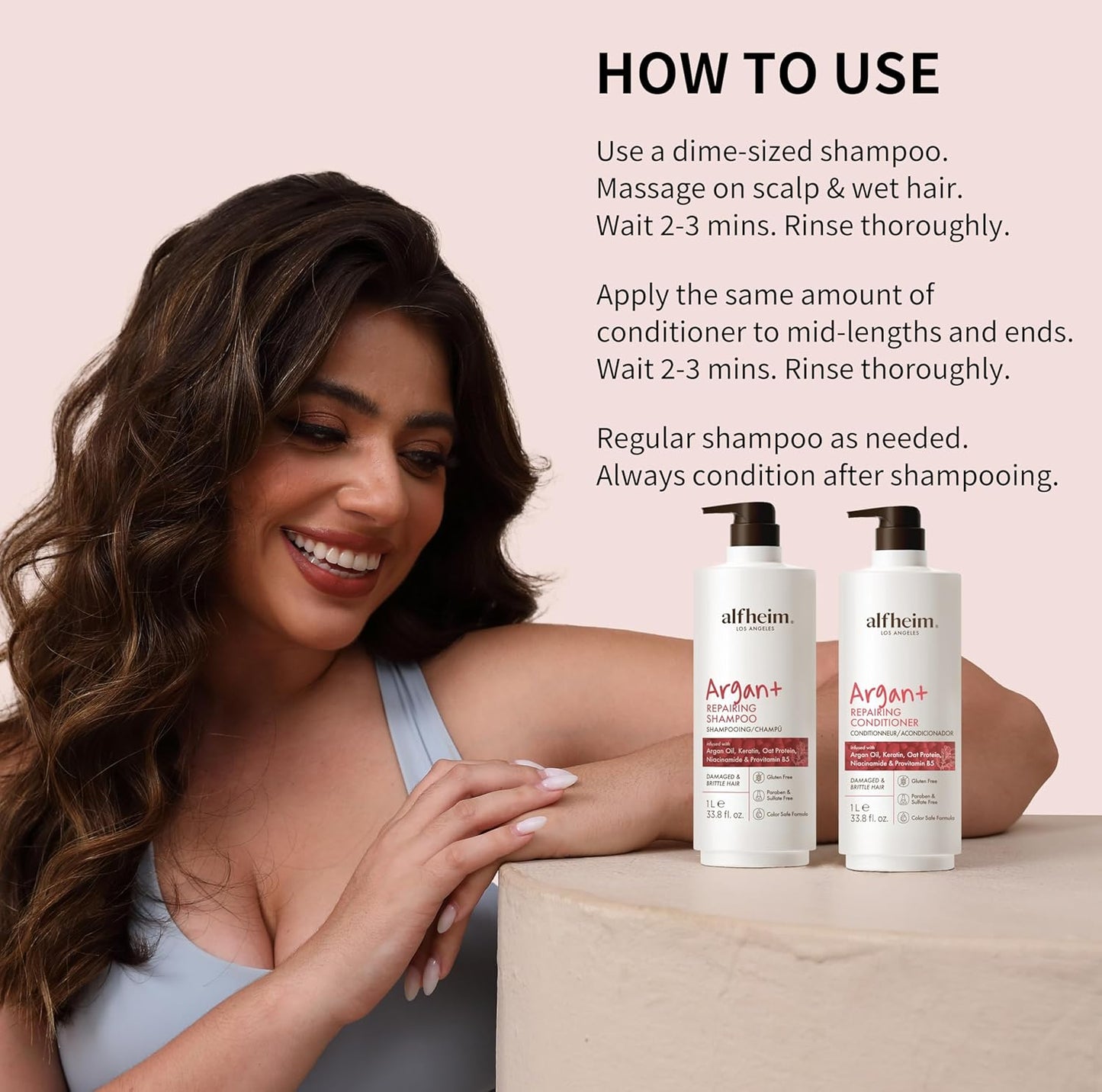 ALFHEIM Argan+ Repairing Shampoo & Conditioner Set for Dry, Damaged & Frizzy Hair with Argan Oil, Keratin – Deep Repair, Moisture, Shine & Frizz Control – Color Safe, Sulfate Free – 33.8 oz × 2