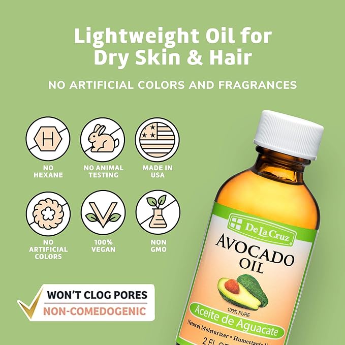 De La Cruz Avocado Oil - Expeller Pressed Pure 100% Avocado Oil for Hair and Body - Lightweight Body Oil for Dry Skin - 2 FL. OZ. (12 Bottles)