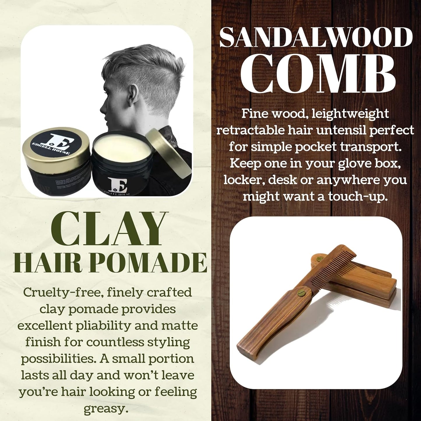 Clay Pomade And Folding Comb Gift Combo Set Includes 2.7oz Hair Clay Pomade For Men And 7 Inch Sandalwood Hair & Beard Pocket Comb – Clay Products and Wooden Gifts