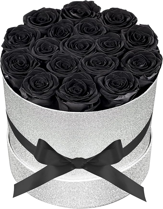 17 Black Flowers in Glitter Box, Birthday Gifts for Women, Preserved Flowers, Mothers Day Roses Gift for Mom