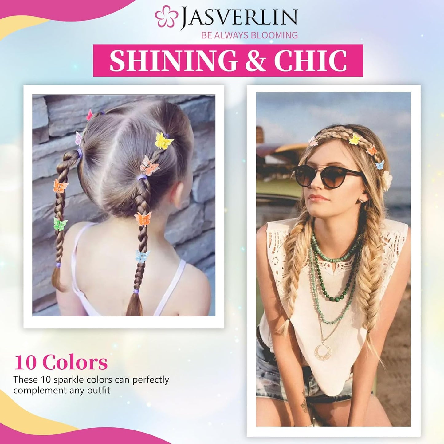 Mini Butterfly Hair Clips, Little Girls Y2k Accessories for Toddler Kids, Cute Tiny Claw Clips for Women Festival Sparkly 90s Outfits 10 Rainbow Colors 50 Pcs (Glitter)