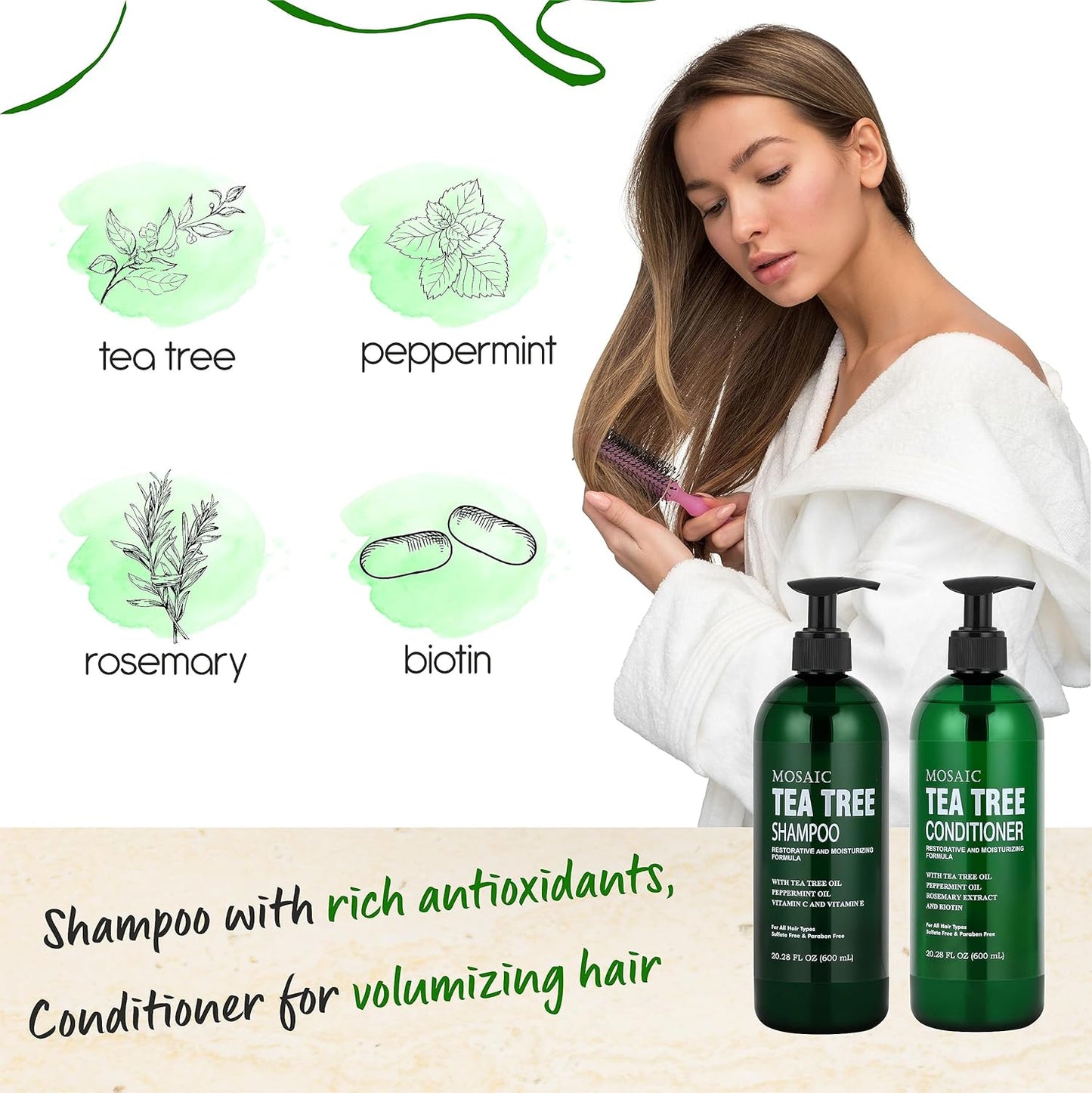 Tea Tree Shampoo and Conditioner Set for Hair Growth, Thinning Hair Loss Treatments Women & Men, Thickening Products, Paraben & Sulfate Free 20.2 FL Oz Each.