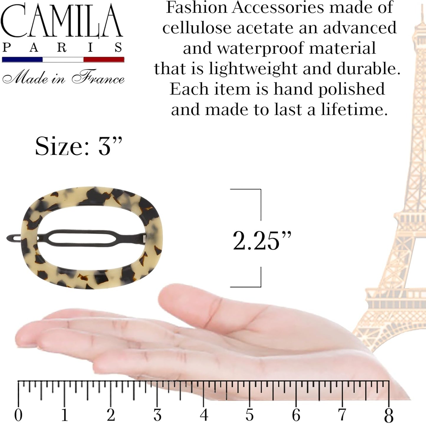 Camila Paris CP2802 French Hair Barrette Clip for Women, Handmade, Flow, Slide-in Metal-Free Closure, Strong Hold Grip Hair Clips for Girls, No Slip Durable Styling Hair Accessories, Made in France