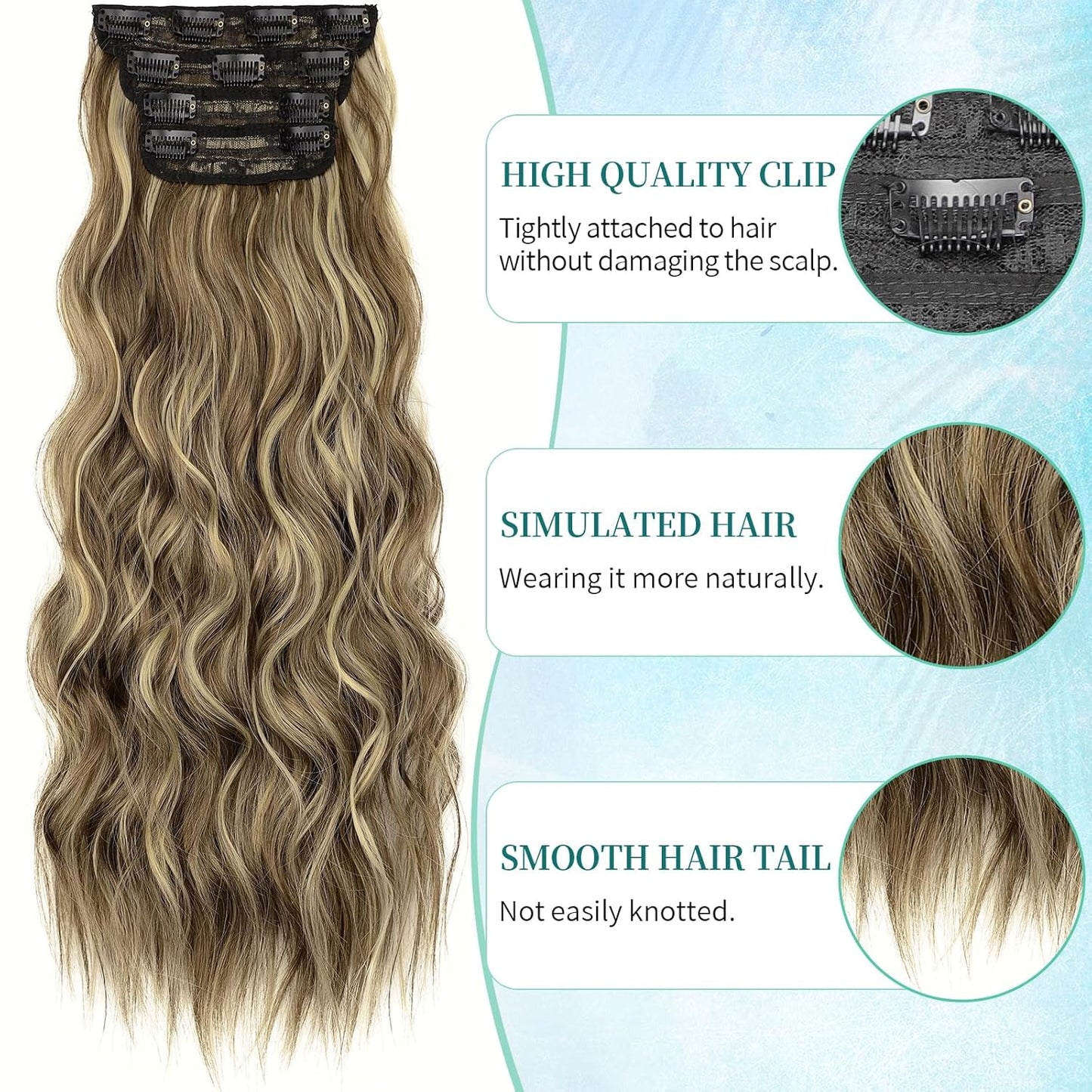 KooKaStyle Hair Extensions Brown mix Blonde Clip in Synthetic Highlight Hair Extensions Long Wavy 4PCS Thick Hairpieces 24 Inch for Women