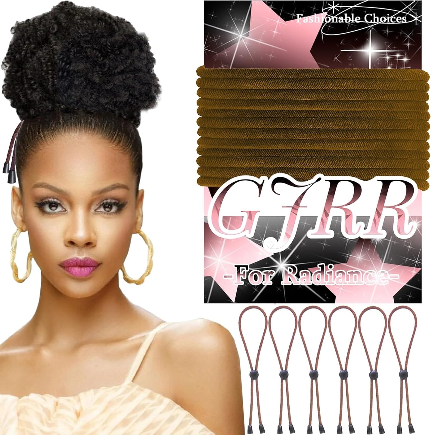 6pcs Brown Adjustable Hair Ties - Long, Extra Length Scrunchies for Thick Hair, Afro Puffs & Ponytails - One Handed Use
