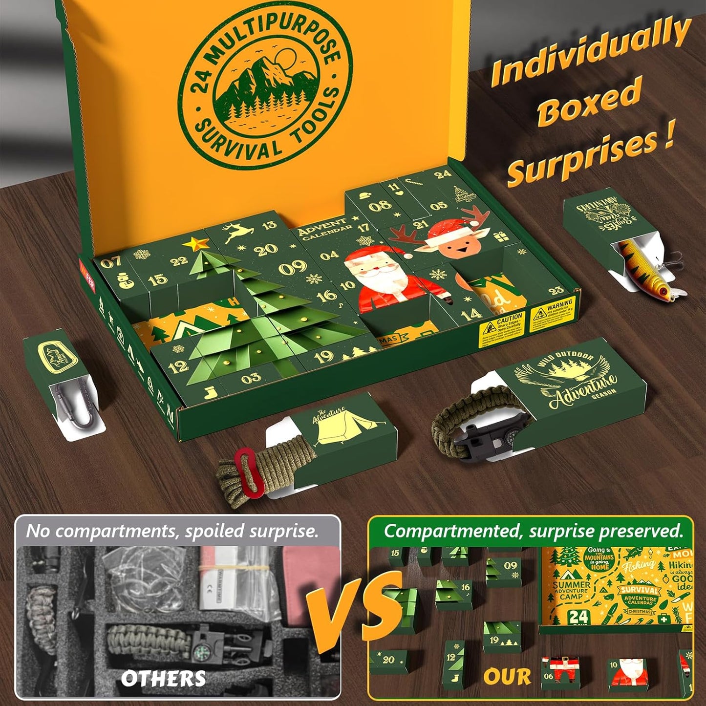 Survival Kit Advent Calendar 2025 for Men – 24 Days Christmas Countdown Survival Tools for Adult Teen, Xmas Holiday Surprise Gifts for Outdoor Enthusiasts, Camping, Fishing, Hunting, Hiking