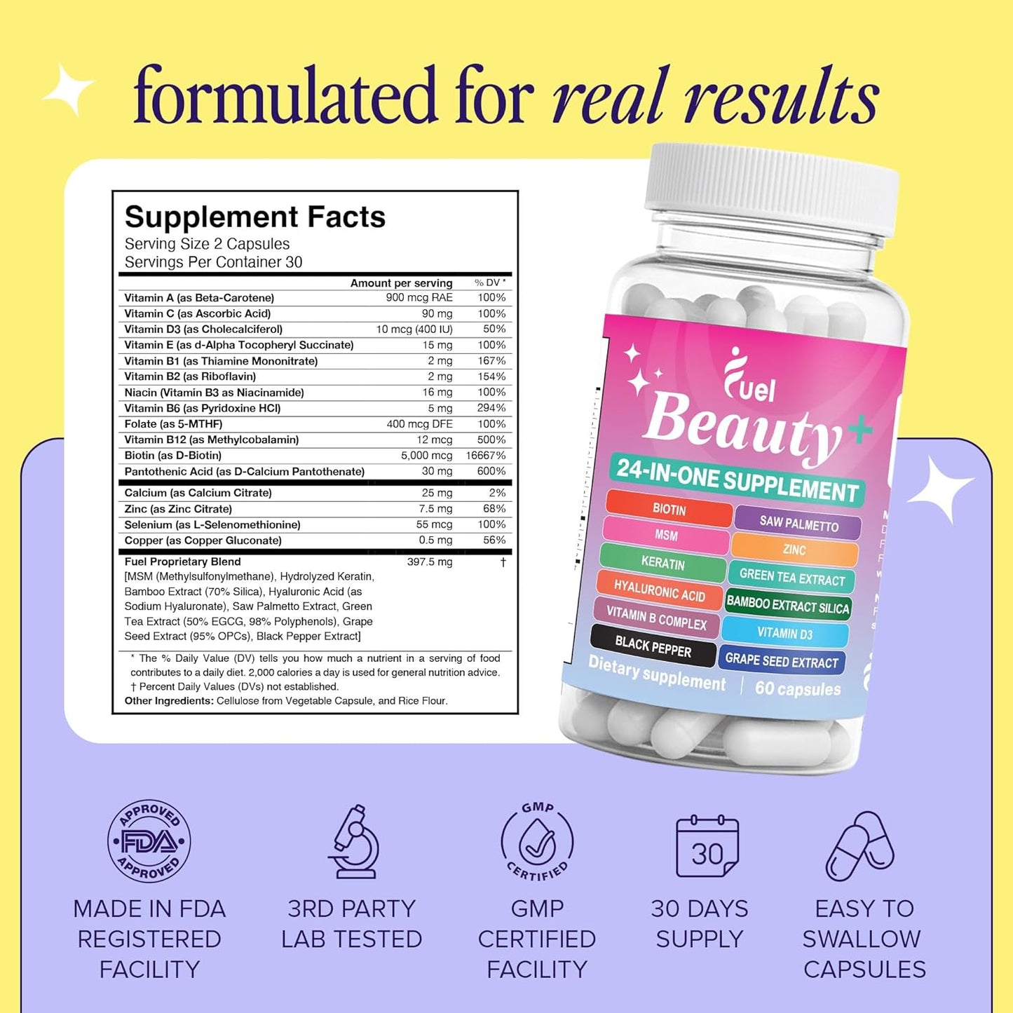 Fuel Beauty+ 24-in-1 Hair, Skin & Nails Vitamins for Women – 5000mcg Biotin, Hyaluronic Acid & Saw Palmetto – Daily Multivitamin for Hair Growth, Nail Strength & Skin Glow – 60 Capsules