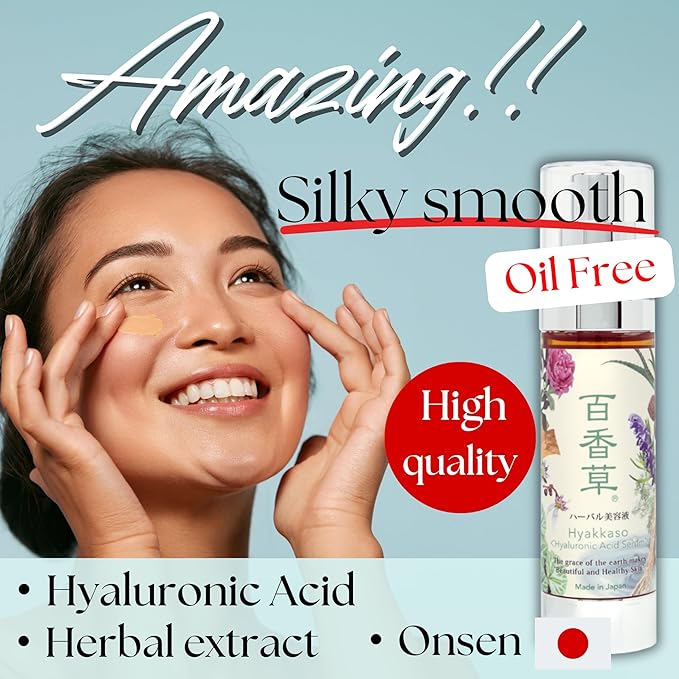 Hyakkaso Hyaluronic Acid & Herbs Serum, Natural Skincare, Hot Spring Onsen water & Minerals, Moisturing and Hydration, All Skin types 50ml 1.7 fl Oz with Mini Soap, Toner glass skin trabel