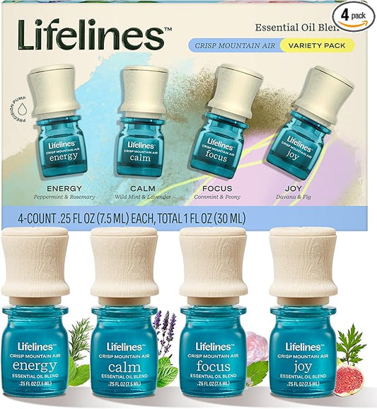 Lifelines Essential Oil Blends, 4-Pack - Blended Essential Oils with Precision Pump for Aromatherapy Diffusers - Long-Lasting Scented Fragrance - Crisp Mountain Air (Joy, Calm, Focus & Energy)
