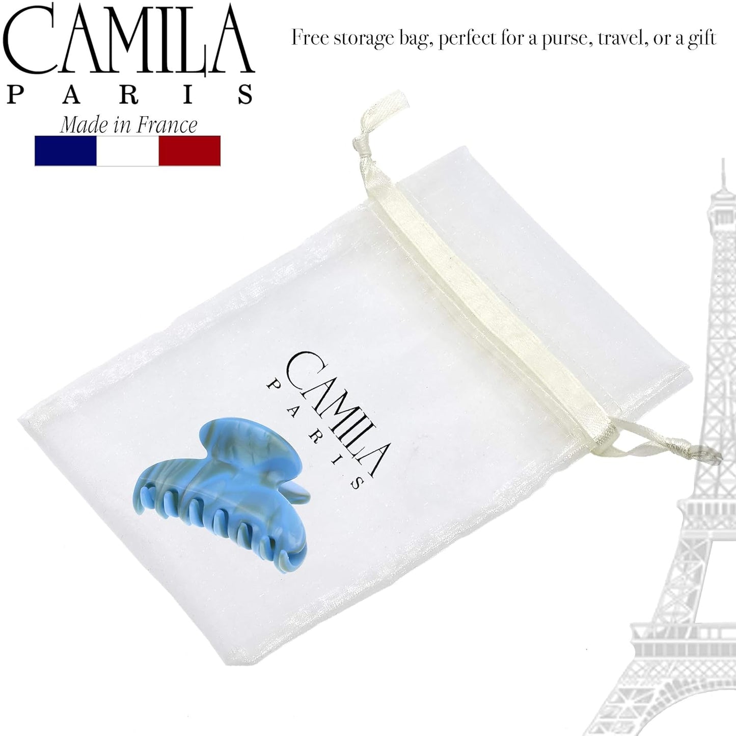 Camila Paris CP3063 French Hair Clip for Women, Handmade, Blue, Small, Girls Hair Claw Clips Jaw, Durable Styling Hair Accessories for Women, Strong Hold No Slip Grip, Made in France