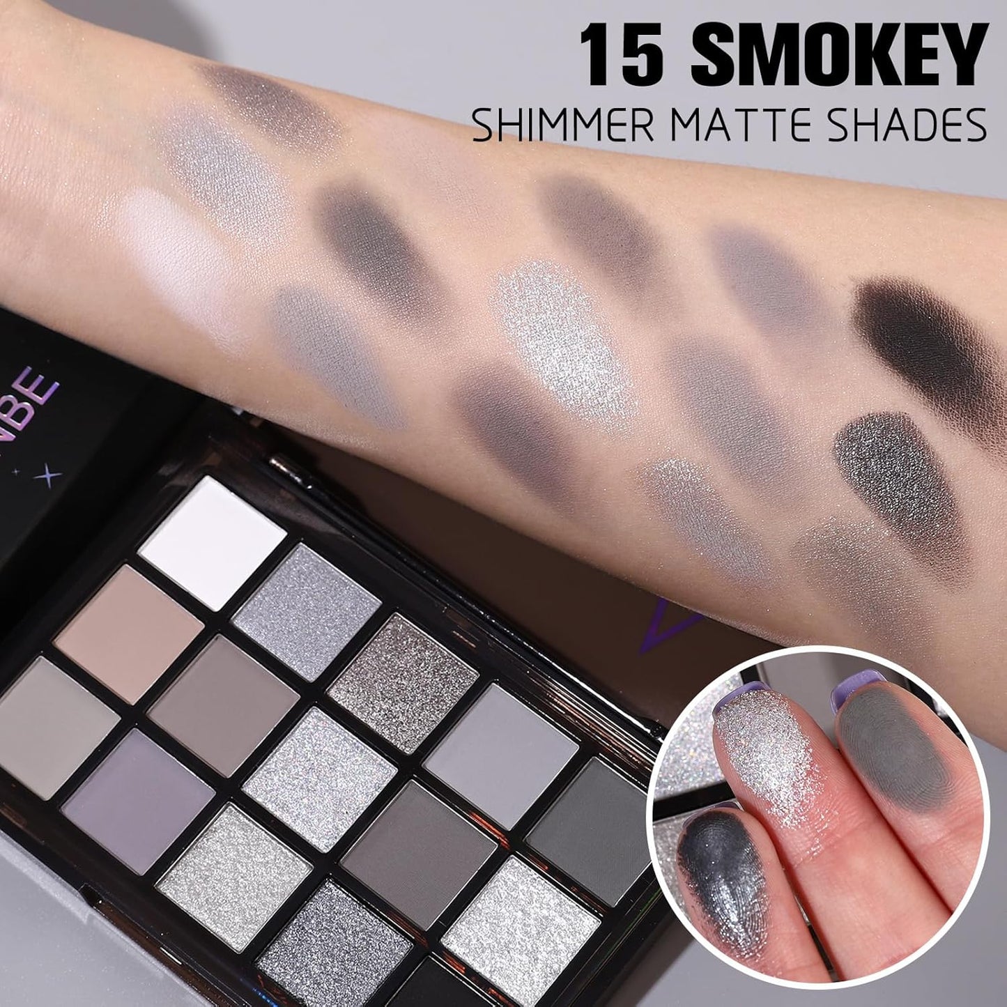 UCANBE Smokey Black Eyeshadow Palette, 15 Colors Dark Shimmer Matte Metallic Makeup Pallet, High Pigmented Gray Silver Sombras De Ojos Kit for Daily and Halloween