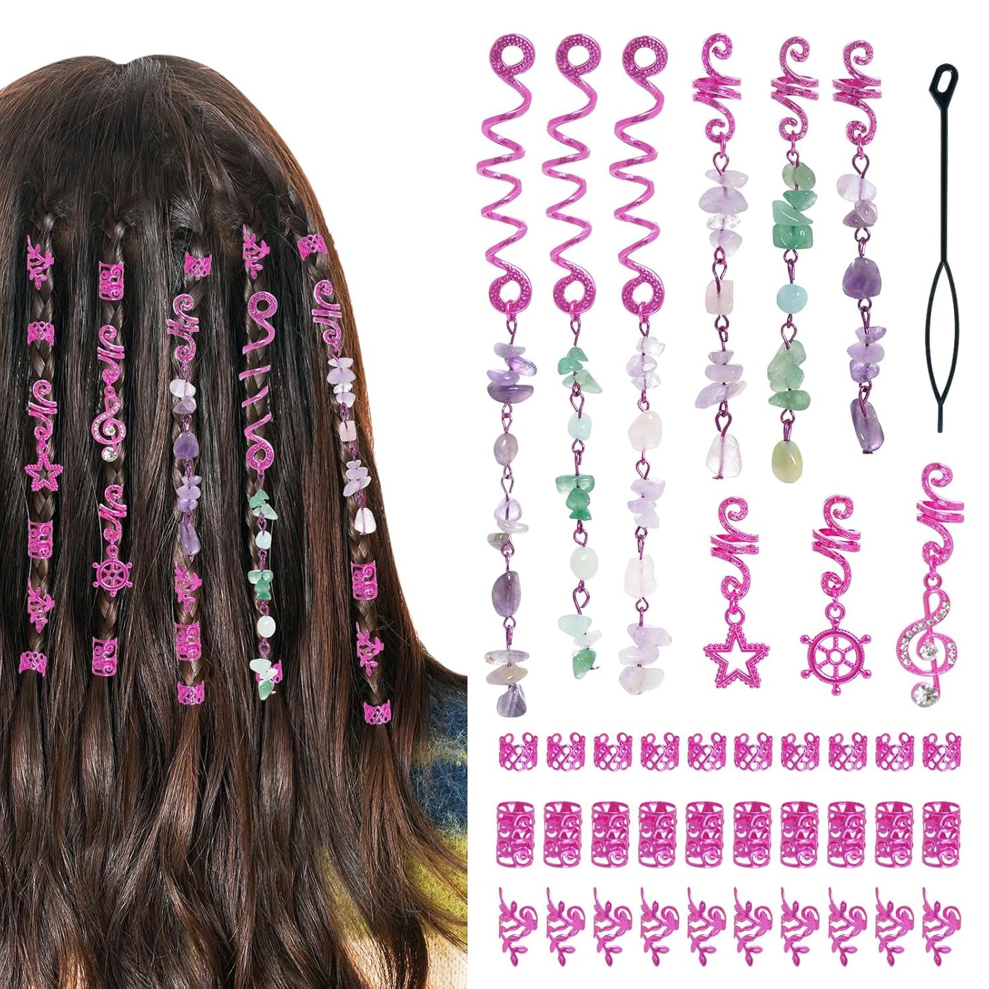 40Pcs hoyuwak Natural Colored Crystal Stone Hair Accessories - Metal Charms, Spirals, Cuffs, Rings for Braids, Locs, Dreadlocks, Rave Festival Hairstyle Decoration