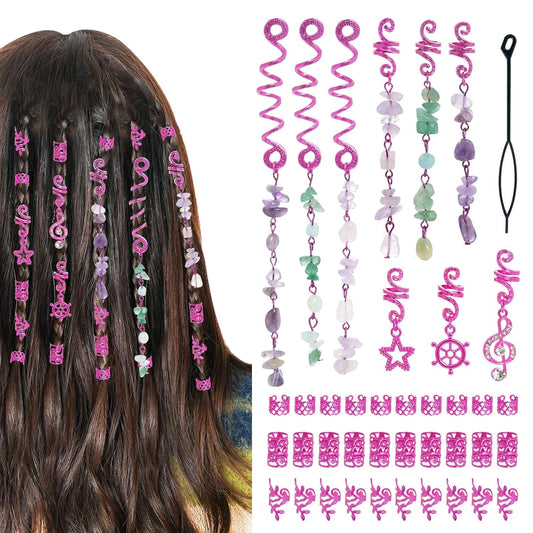 40Pcs hoyuwak Natural Colored Crystal Stone Hair Accessories - Metal Charms, Spirals, Cuffs, Rings for Braids, Locs, Dreadlocks, Rave Festival Hairstyle Decoration