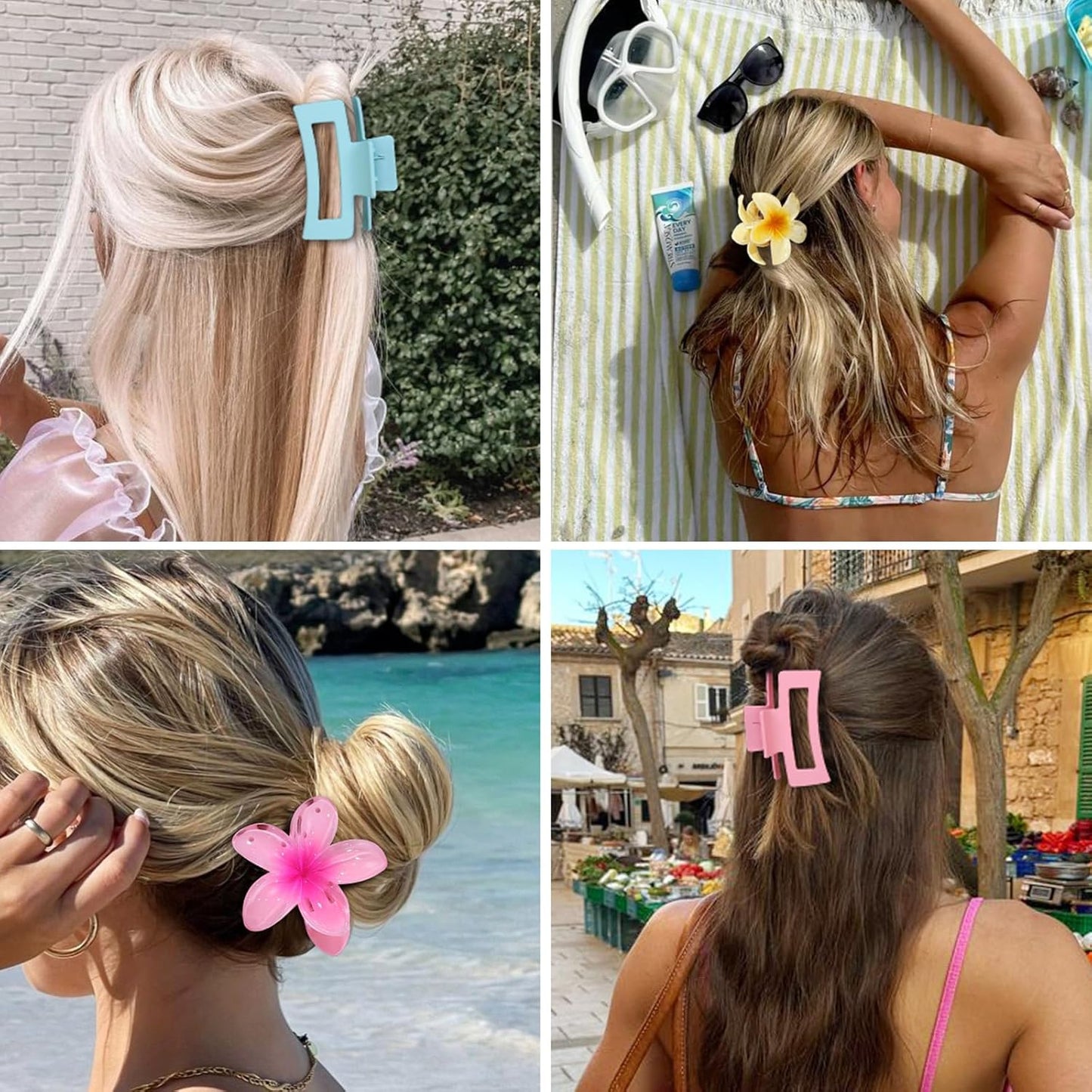 Flower Hair Clips for Women Square Claw Clips for Girls 2 Styles Hair Claw Clips for Thick or Thin Hair 6 PCS Hawaiian Hibiscus Rectangle Large Plumeria Medium Hair Accessories for Women (Pink)