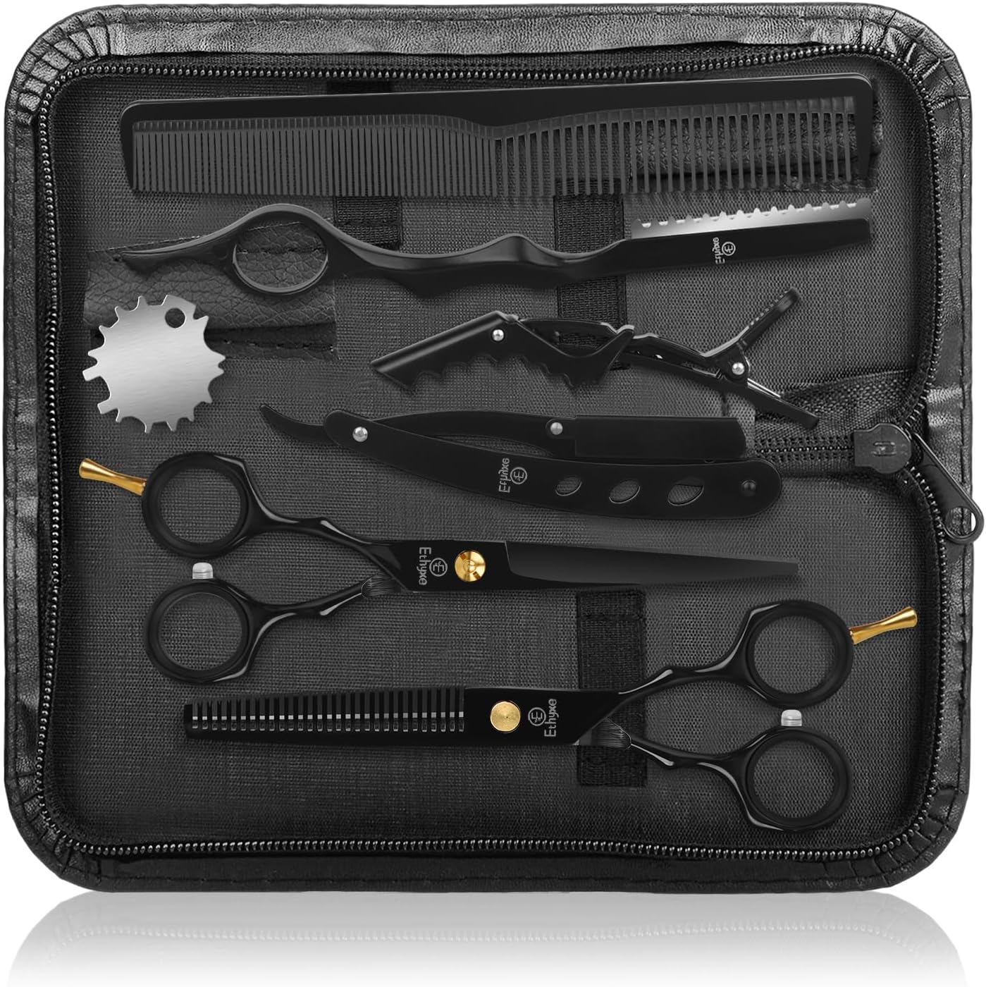Hair Cutting Scissors Kit with Razor, Leather Case, Barber Hair Cutting Shears Thinning Blender Scissors for Professional Hairdresser or Home Use (Black)
