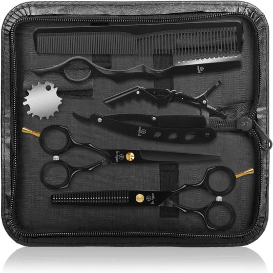Hair Cutting Scissors Kit with Razor, Leather Case, Barber Hair Cutting Shears Thinning Blender Scissors for Professional Hairdresser or Home Use (Black)