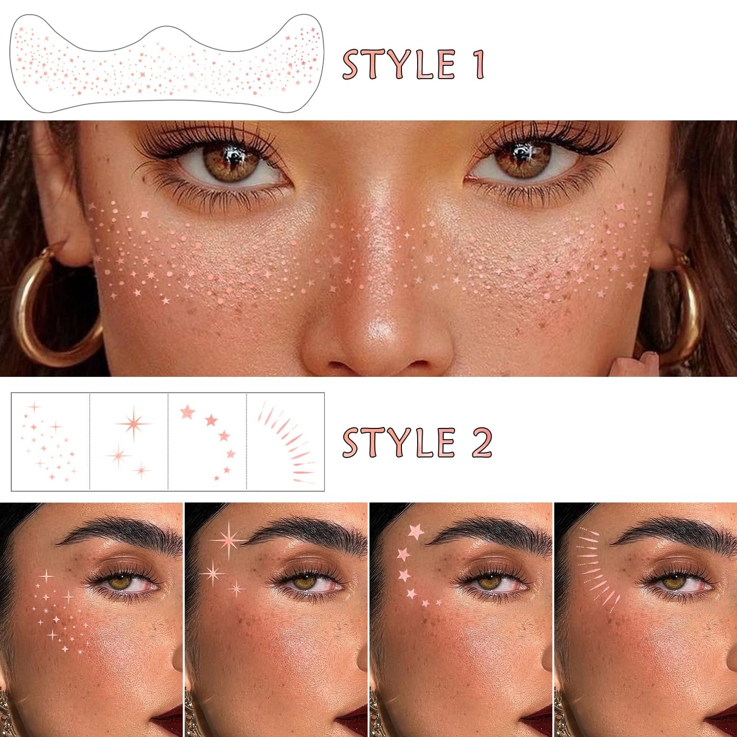 Glitter Freckles Face Tattoo, 20PCS Rose Gold Makeup Patch, Faux Freckles Waterproof Temporary Tattoos Cute Glitter Women and Kids Makeup Accessories For Christmas (Rose Gold)