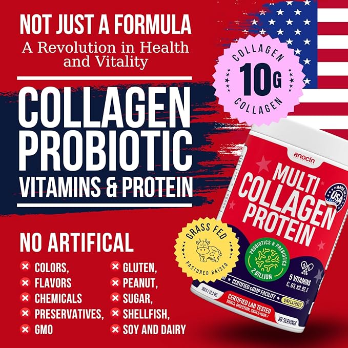 Multi Collagen Peptides with Probiotics + Type I, II, III, V, X + Hydrolyzed Collagen Powder with Vitamin C+D3+B7+K2+E Hyaluronic Acid, Supports Skin Hair Nail & Joint, Grass-Fed, Non-GMO