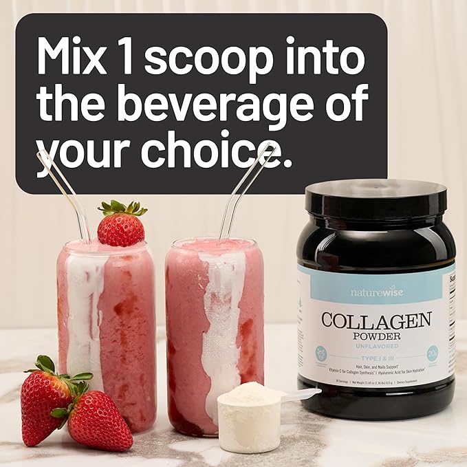 NatureWise Collagen Peptides Powder with Hyaluronic Acid and Vitamin C - Unflavored Collagen Peptides for Women & Men - Type I & III for Hair, Skin & Nails - Sugar, Gluten & Dairy Free - 30 Servings