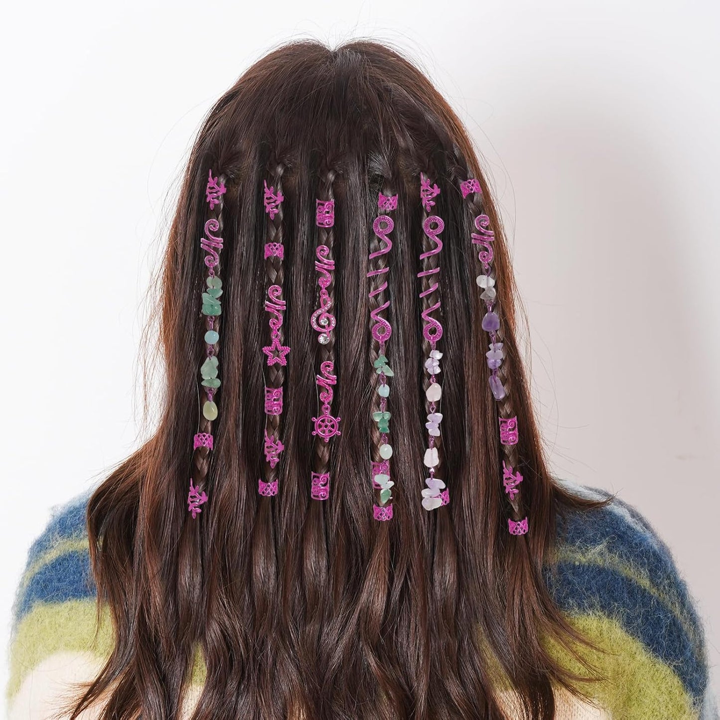 40Pcs hoyuwak Natural Colored Crystal Stone Hair Accessories - Metal Charms, Spirals, Cuffs, Rings for Braids, Locs, Dreadlocks, Rave Festival Hairstyle Decoration